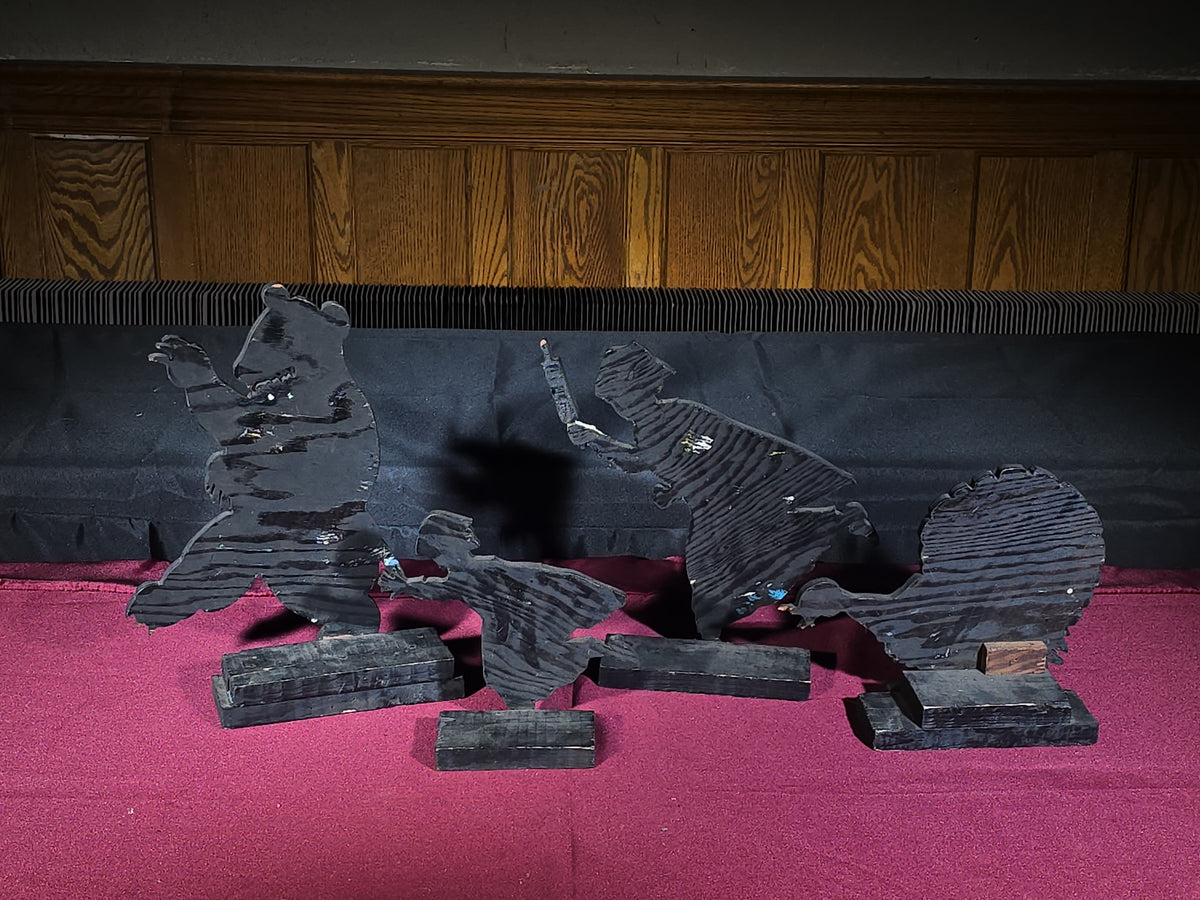Grouping of Four Vintage Folk Art Hand-Painted Wooden Cutout Figures including Bear, Turkey, and Two Pilgrim Women
