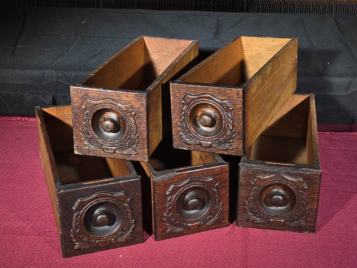Grouping of Five Antique Oak Sewing Machine Cabinet Drawers with Carved Fronts