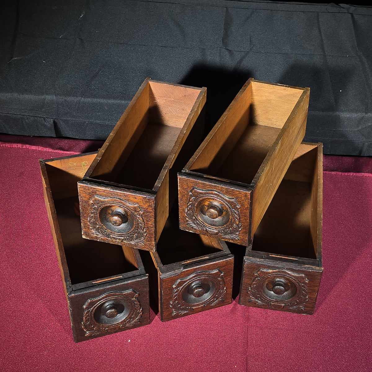 Grouping of Five Antique Oak Sewing Machine Cabinet Drawers with Carved Fronts