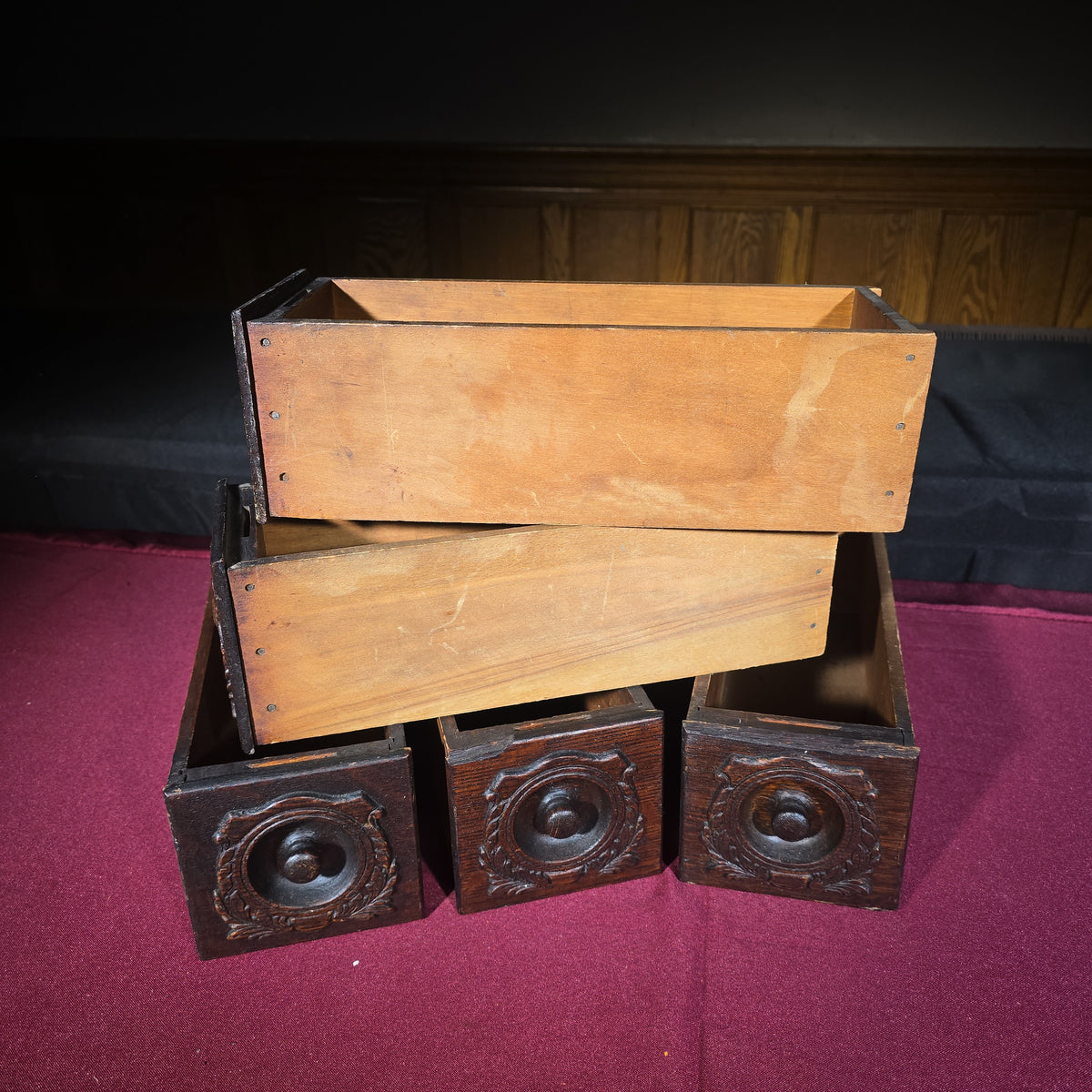 Grouping of Five Antique Oak Sewing Machine Cabinet Drawers with Carved Fronts