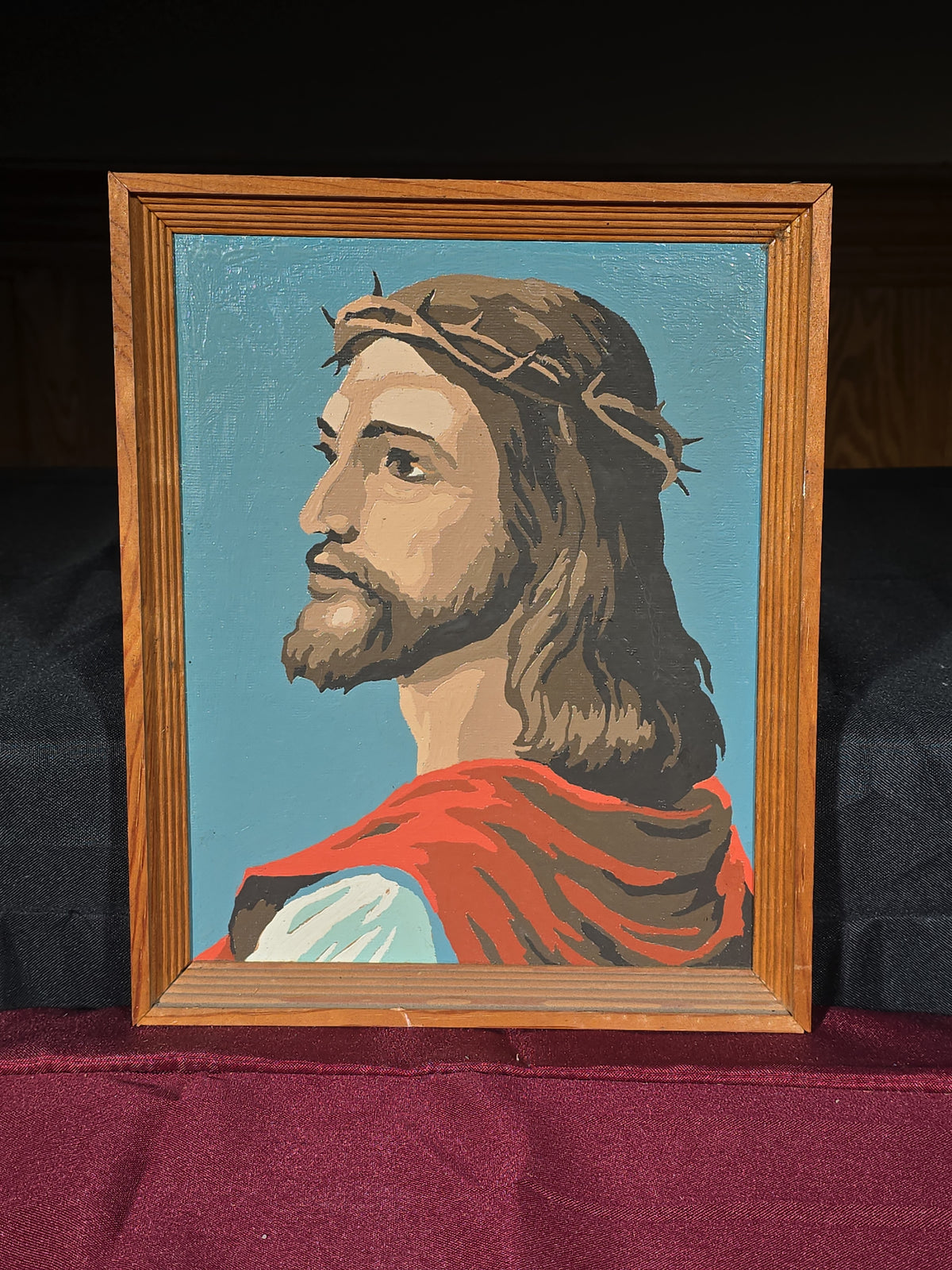 Vintage Paint-by-Numbers Portrait of Jesus with Crown of Thorns in Wood Frame