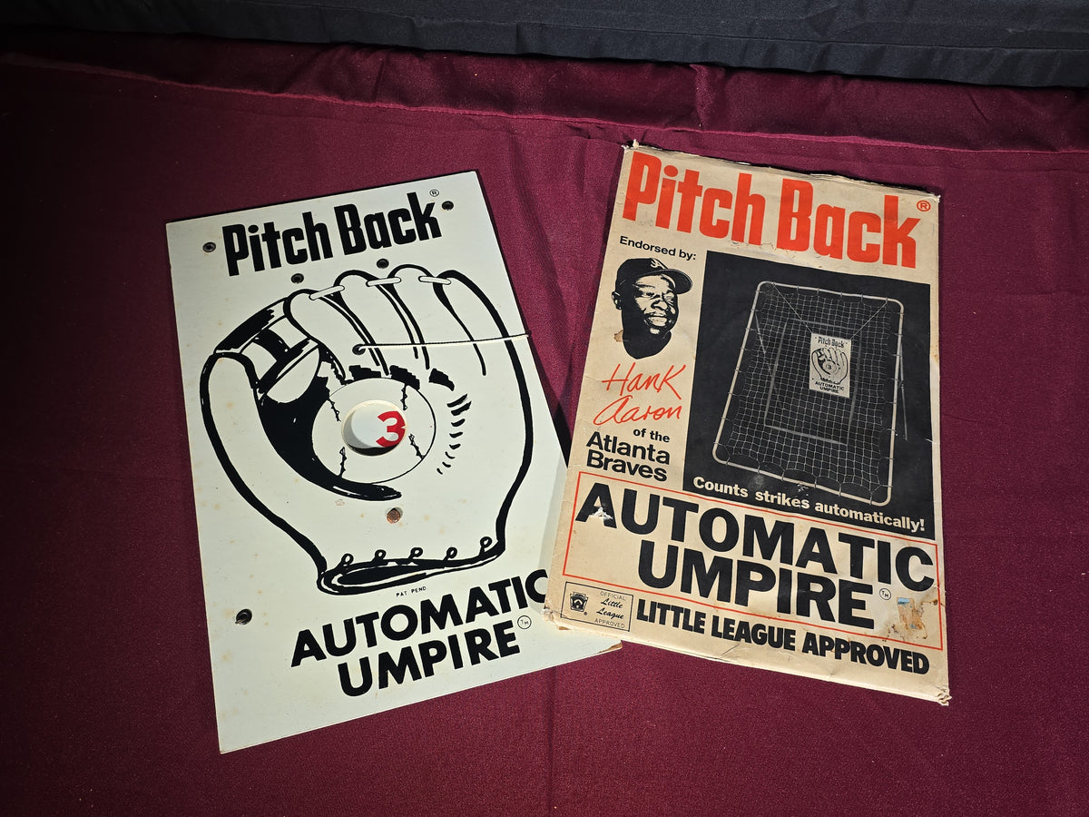 Vintage Pitch Back Automatic Umpire with Hank Aaron Endorsement Box, Manufactured by Indian Head Yarn & Thread, Blue Mountain, Alabama
