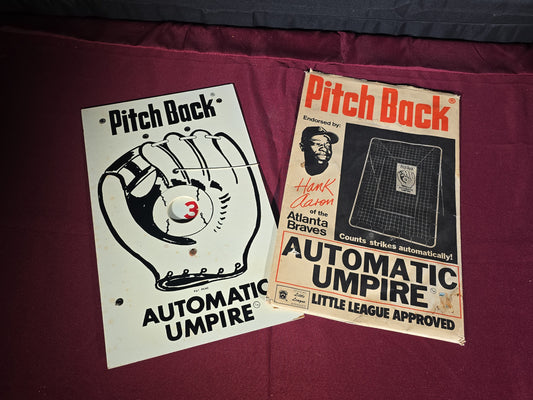 Vintage Pitch Back Automatic Umpire with Hank Aaron Endorsement Box, Manufactured by Indian Head Yarn & Thread, Blue Mountain, Alabama