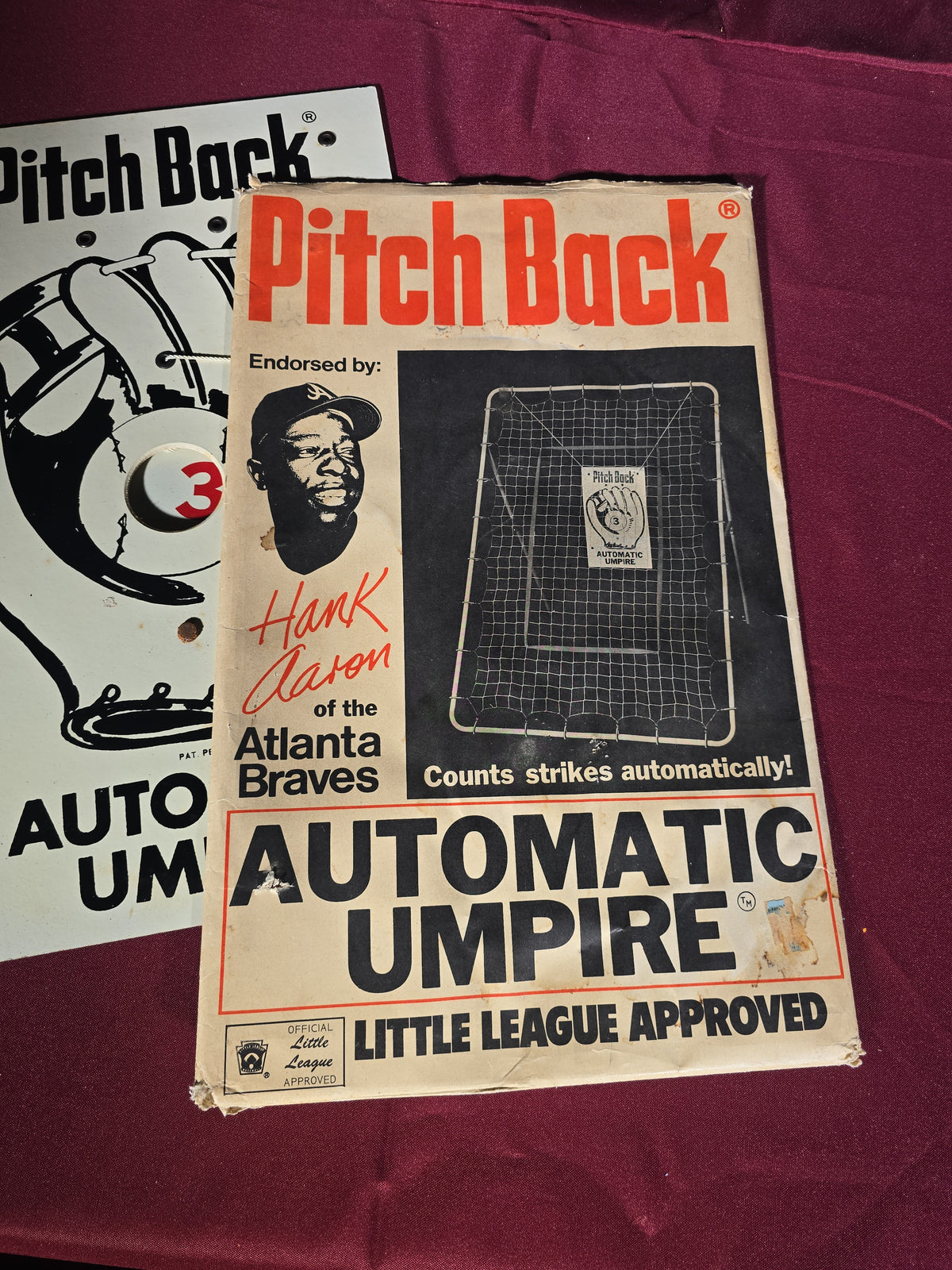 Vintage Pitch Back Automatic Umpire with Hank Aaron Endorsement Box, Manufactured by Indian Head Yarn & Thread, Blue Mountain, Alabama