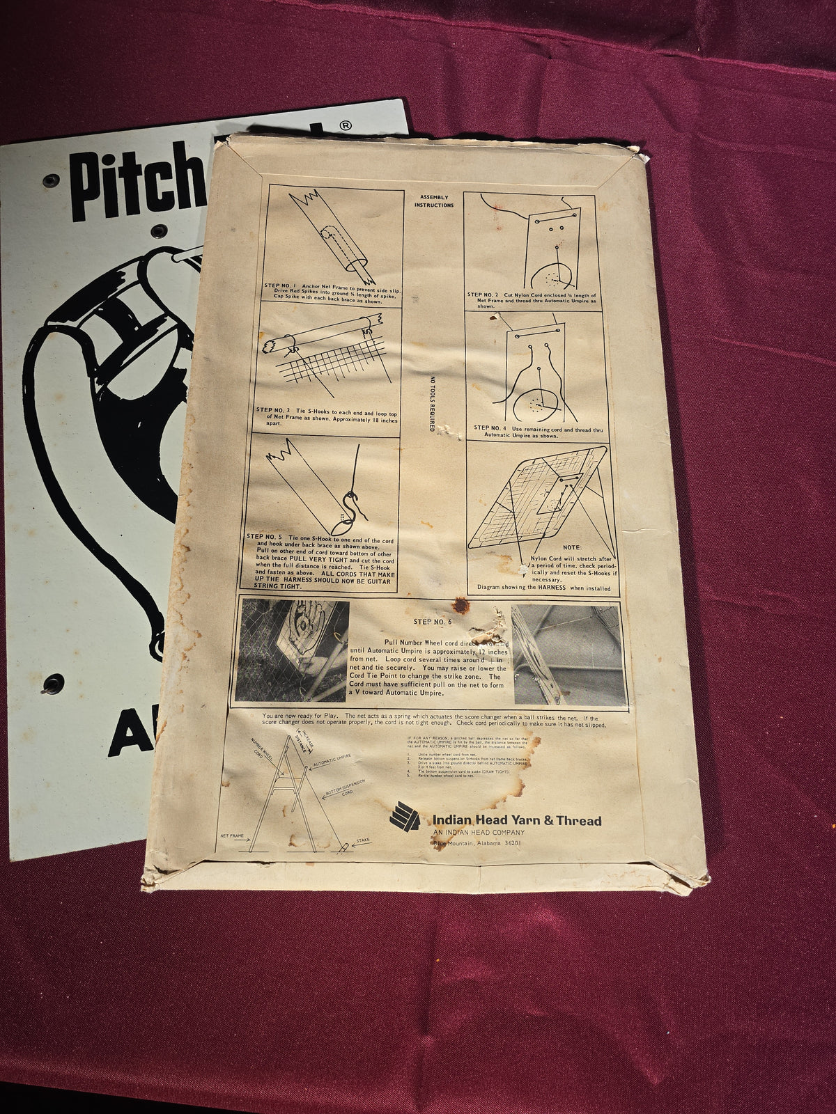 Vintage Pitch Back Automatic Umpire with Hank Aaron Endorsement Box, Manufactured by Indian Head Yarn & Thread, Blue Mountain, Alabama