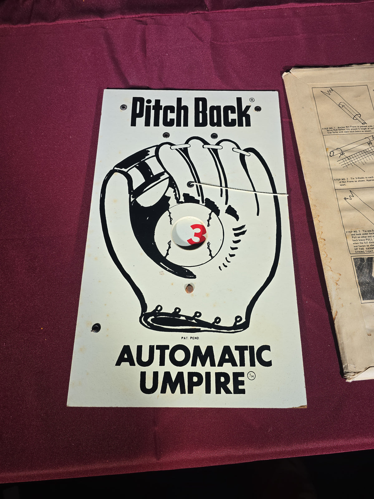 Vintage Pitch Back Automatic Umpire with Hank Aaron Endorsement Box, Manufactured by Indian Head Yarn & Thread, Blue Mountain, Alabama
