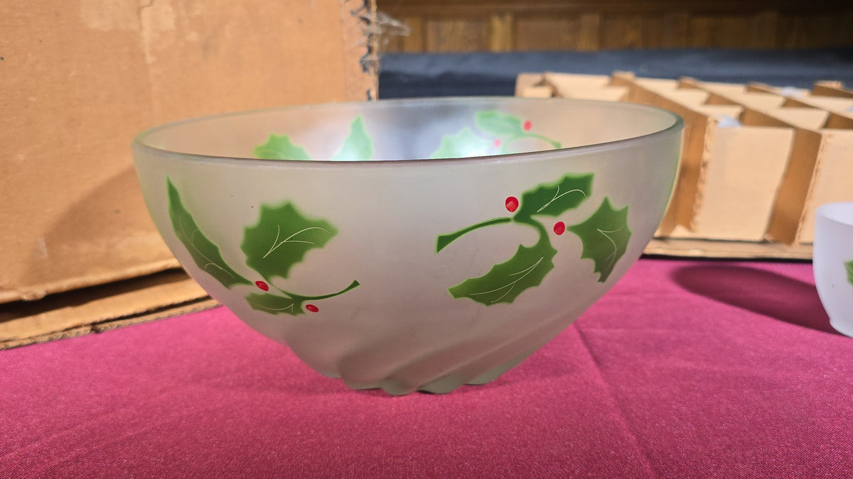 Vintage Frosted Glass Christmas Holly Punch Bowl Set with 12 Cups