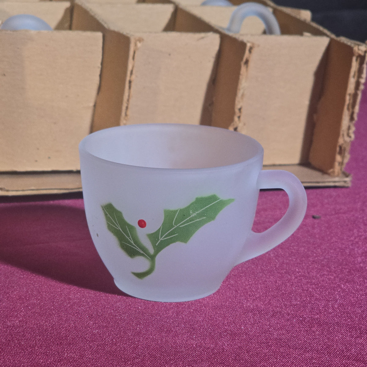 Vintage Frosted Glass Christmas Holly Punch Bowl Set with 12 Cups