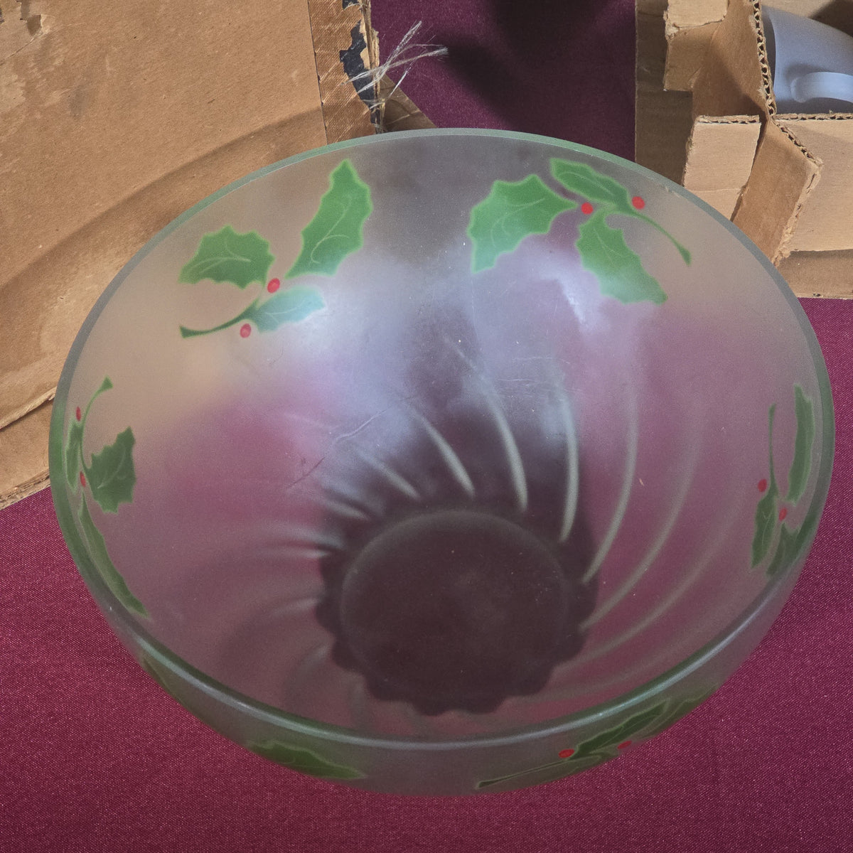 Vintage Frosted Glass Christmas Holly Punch Bowl Set with 12 Cups