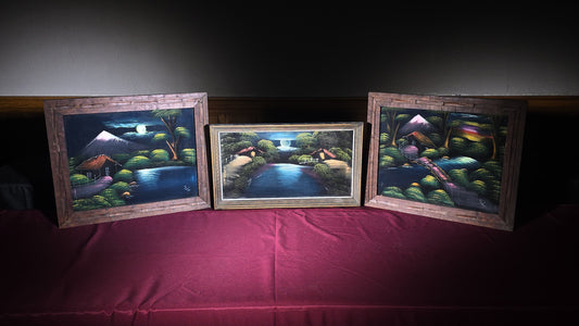 Trio of Vintage Framed Black Velvet Paintings, Japanese Landscape Night Scenes with Mount Fuji
