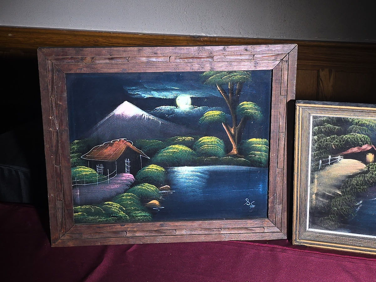Trio of Vintage Framed Black Velvet Paintings, Japanese Landscape Night Scenes with Mount Fuji