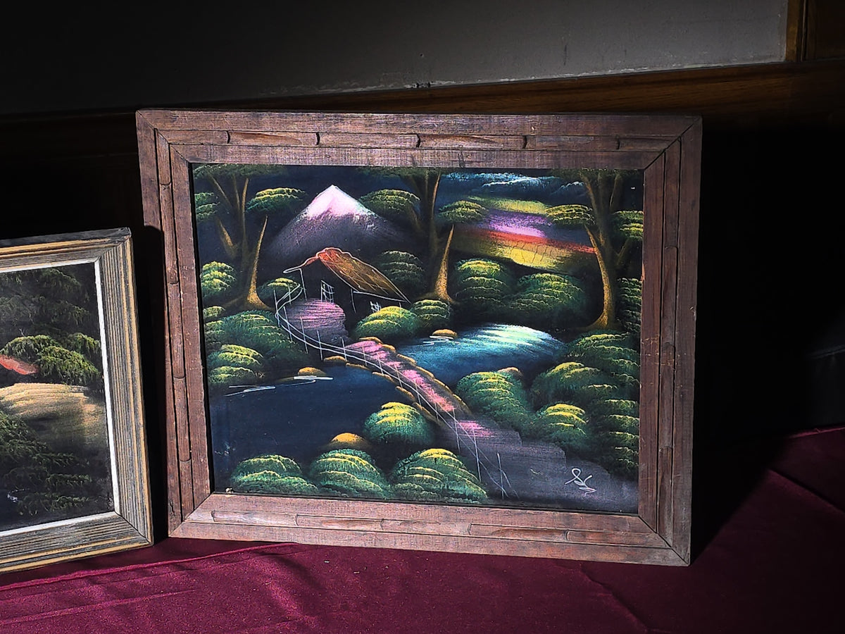 Trio of Vintage Framed Black Velvet Paintings, Japanese Landscape Night Scenes with Mount Fuji