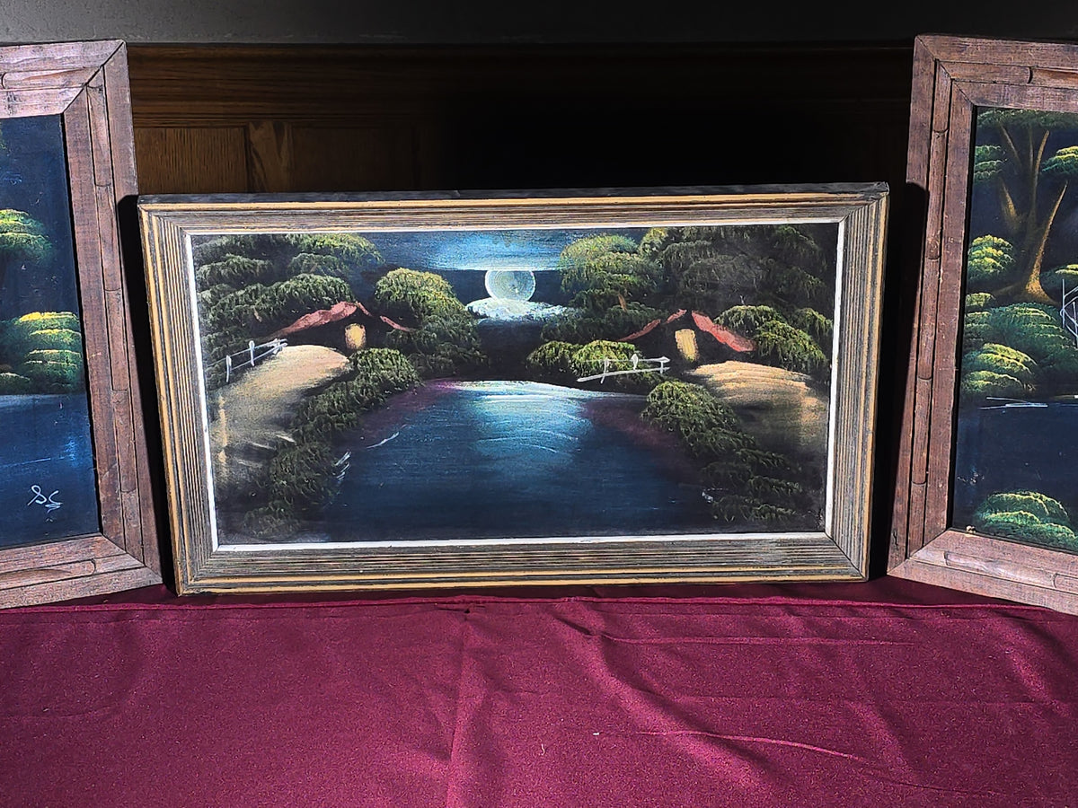 Trio of Vintage Framed Black Velvet Paintings, Japanese Landscape Night Scenes with Mount Fuji