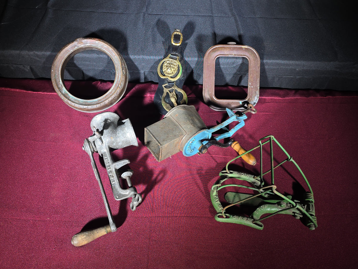 Grouping of Antique and Vintage Country Smalls including Meat Grinder, Horse Brass Strap, Favorite Apple Peeler, and Copper Water Sprinklers