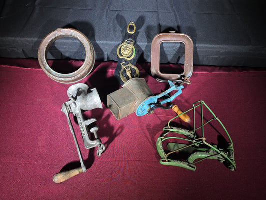 Grouping of Antique and Vintage Country Smalls including Meat Grinder, Horse Brass Strap, Favorite Apple Peeler, and Copper Water Sprinklers
