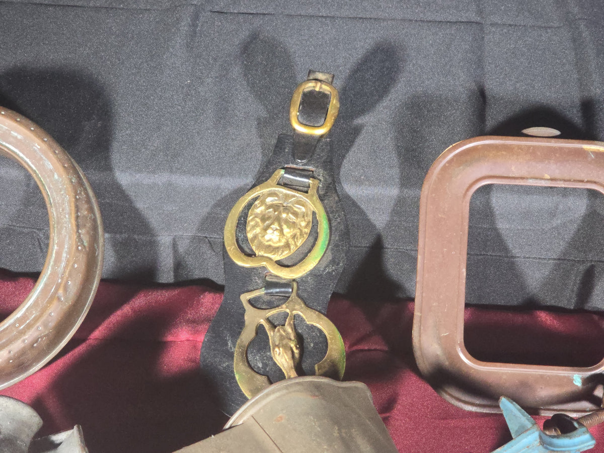 Grouping of Antique and Vintage Country Smalls including Meat Grinder, Horse Brass Strap, Favorite Apple Peeler, and Copper Water Sprinklers