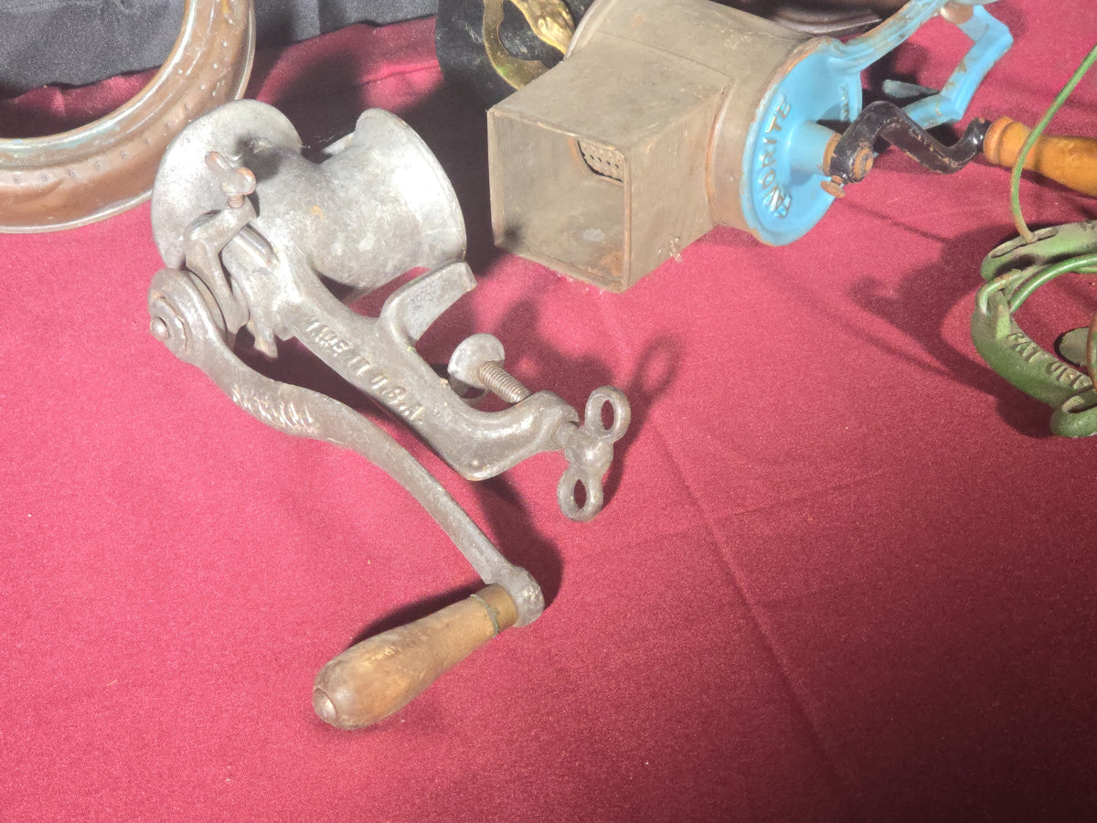 Grouping of Antique and Vintage Country Smalls including Meat Grinder, Horse Brass Strap, Favorite Apple Peeler, and Copper Water Sprinklers