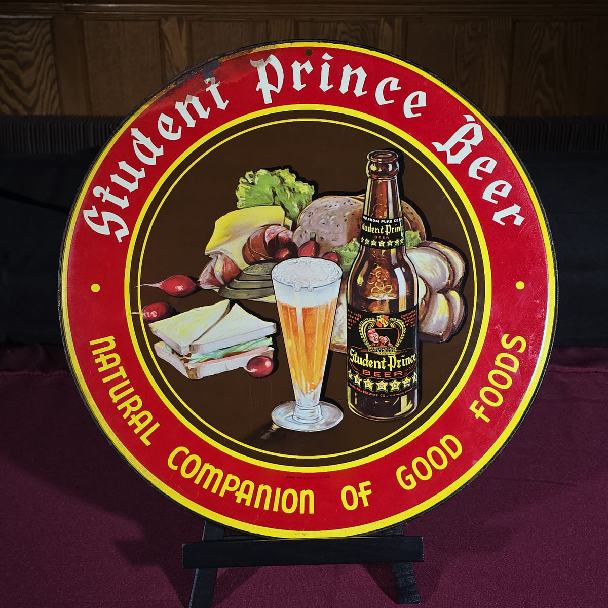 Vintage Student Prince Beer "Natural Companion of Good Foods" Round Tin Lithograph Advertising Sign, Manufactured by Ludlow Mfg. Co., Cincinnati, Ohio