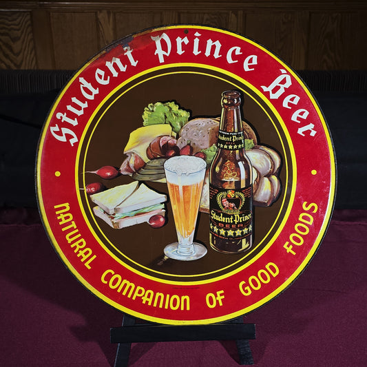Vintage Student Prince Beer "Natural Companion of Good Foods" Round Tin Lithograph Advertising Sign, Manufactured by Ludlow Mfg. Co., Cincinnati, Ohio
