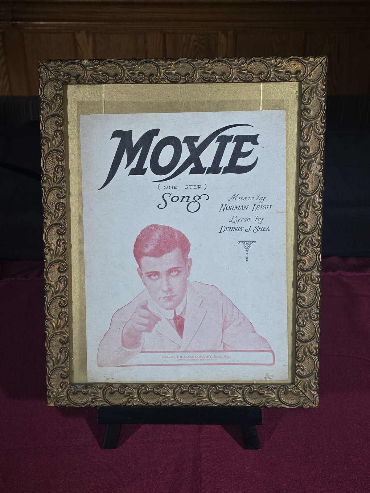 Antique Framed Moxie One Step Song Sheet Music, Music by Norman Leigh, Lyric by Dennis J. Shea, Published by The Moxie Company, Boston, Massachusetts, 1921
