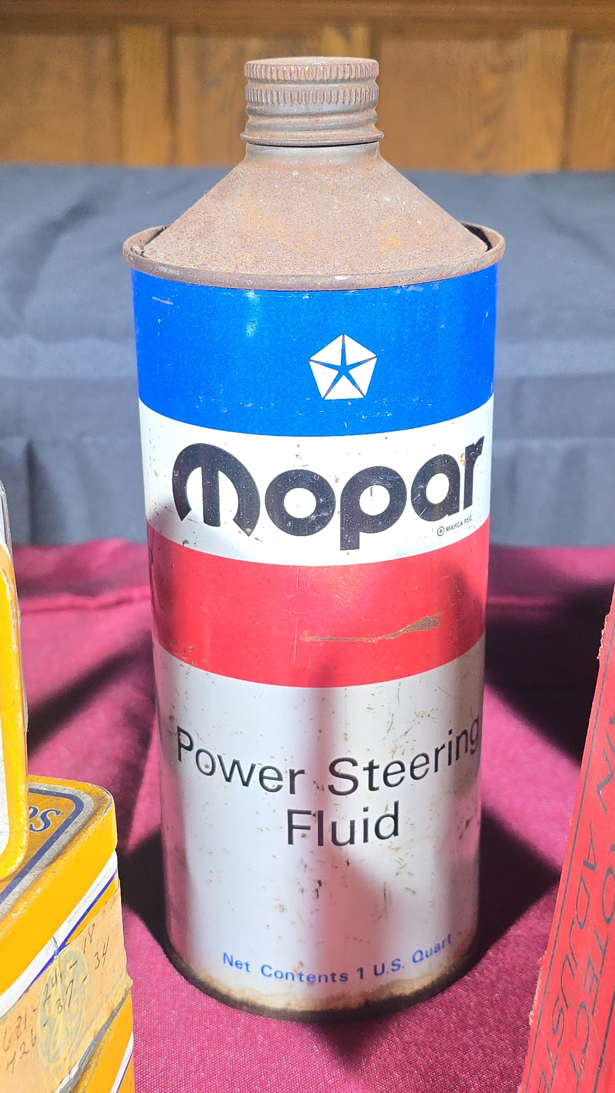 Grouping of 11 Antique and Vintage Automotive Advertising Cans and Accessories including Gulfpride, Sunoco, Mopar, Edison Mazda Lamps, and Master Oil Spouts