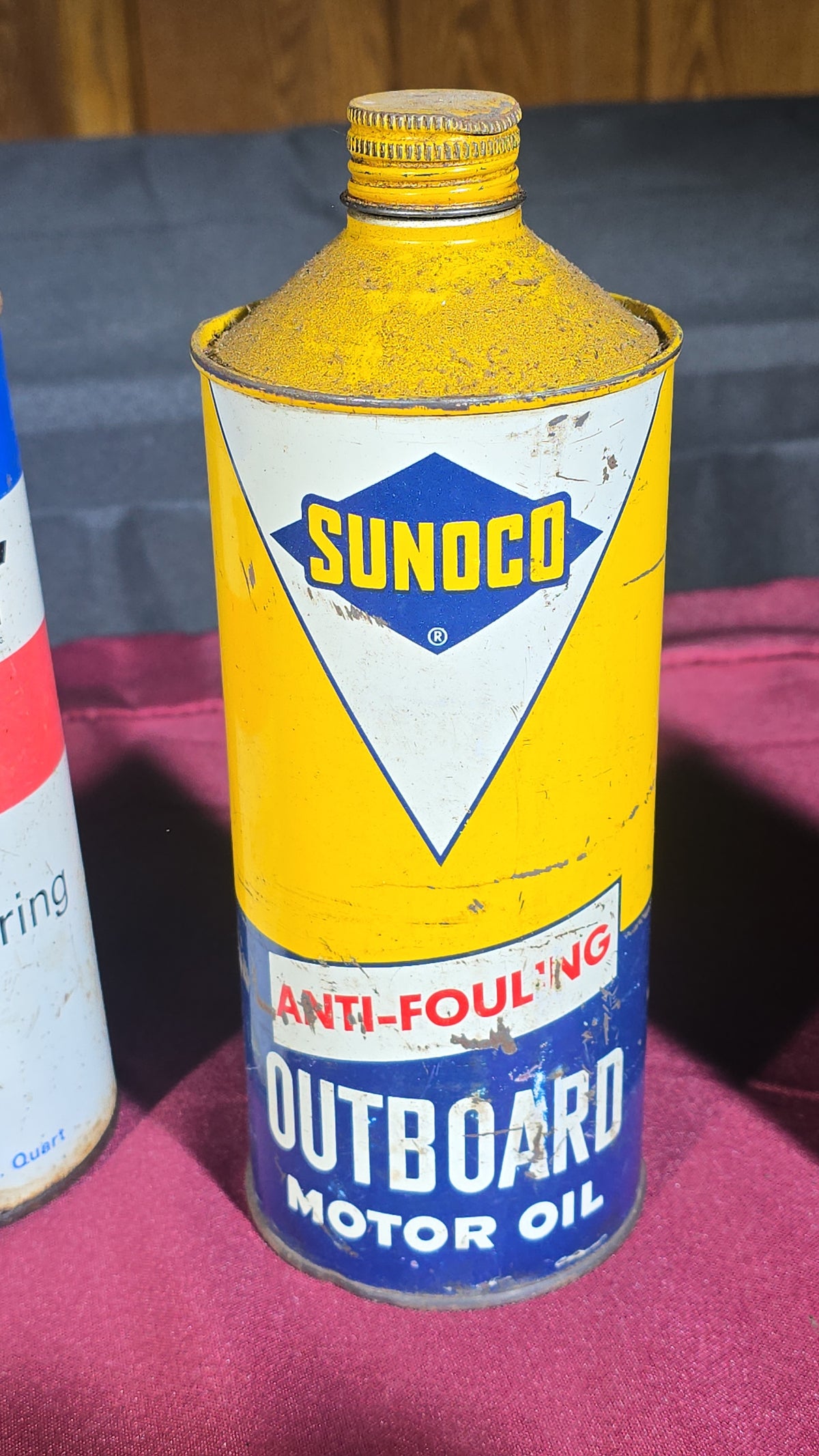Grouping of 11 Antique and Vintage Automotive Advertising Cans and Accessories including Gulfpride, Sunoco, Mopar, Edison Mazda Lamps, and Master Oil Spouts