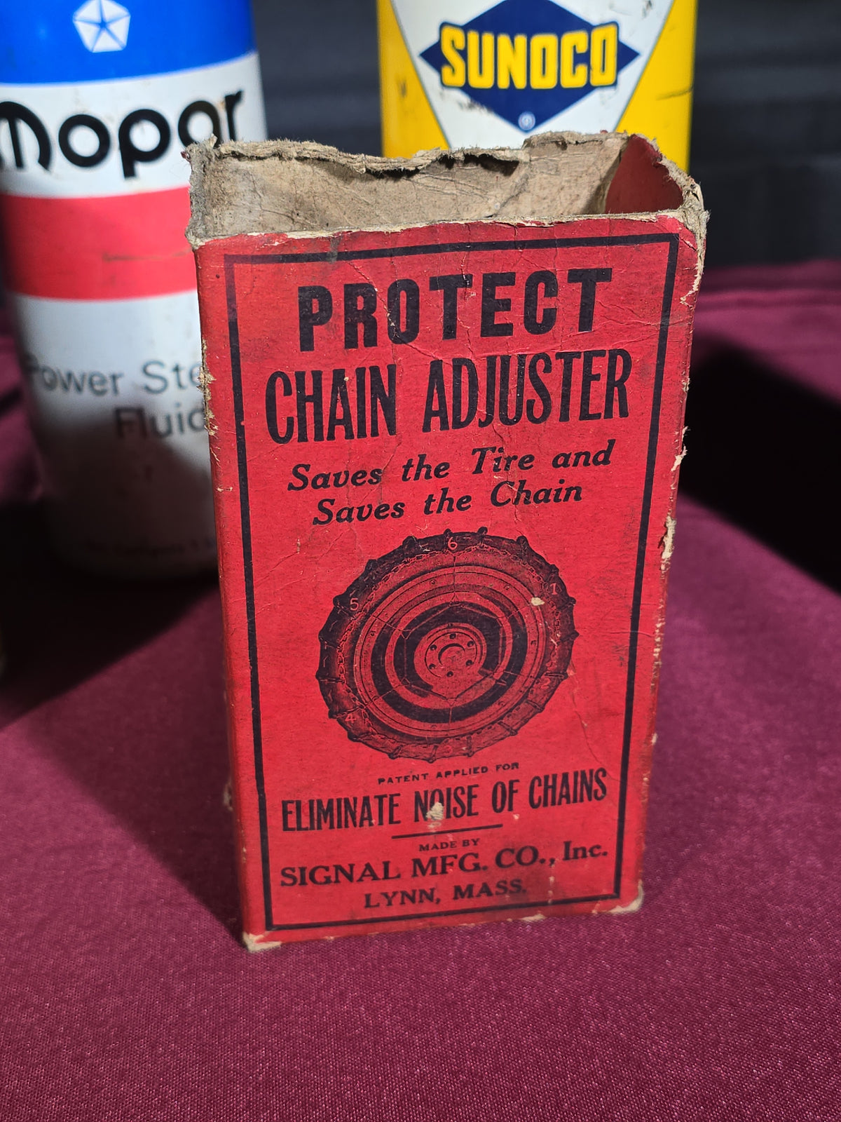 Grouping of 11 Antique and Vintage Automotive Advertising Cans and Accessories including Gulfpride, Sunoco, Mopar, Edison Mazda Lamps, and Master Oil Spouts