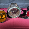 Lot 098 - Grouping of Three Antique and Vintage Automotive Lights Including Amber "Stop" Lamp, Headlamp, and Red Tail Light with License Plate Bracket
