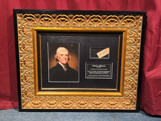 Framed Thomas Jefferson "Th. Jefferson" Signature Cut with Portrait Print and Descriptive Plaque