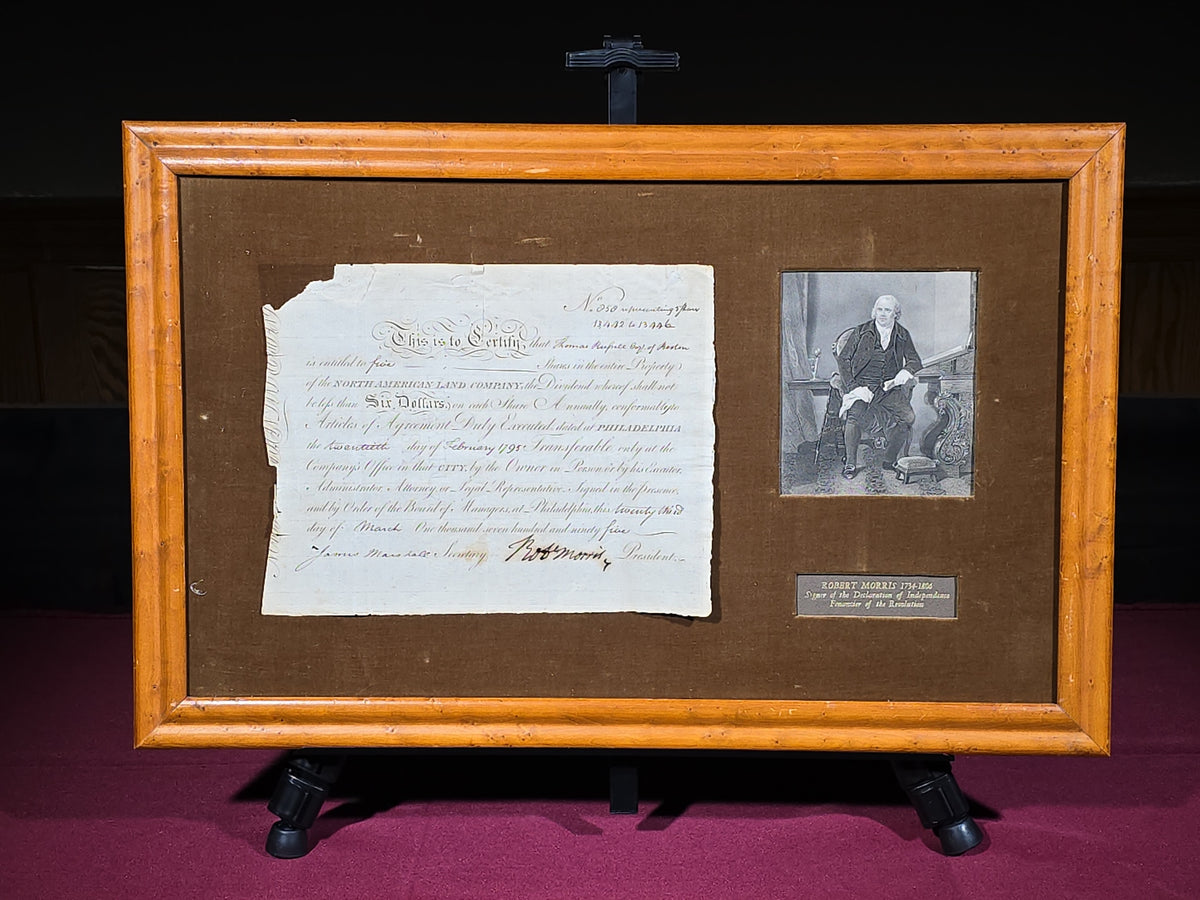 Antique 1795 North American Land Company Stock Certificate Signed by Robert Morris, Framed with Portrait