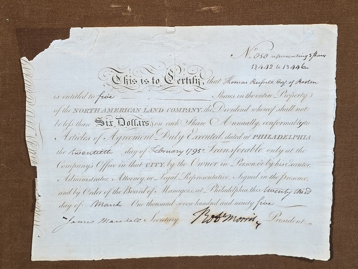 Antique 1795 North American Land Company Stock Certificate Signed by Robert Morris, Framed with Portrait