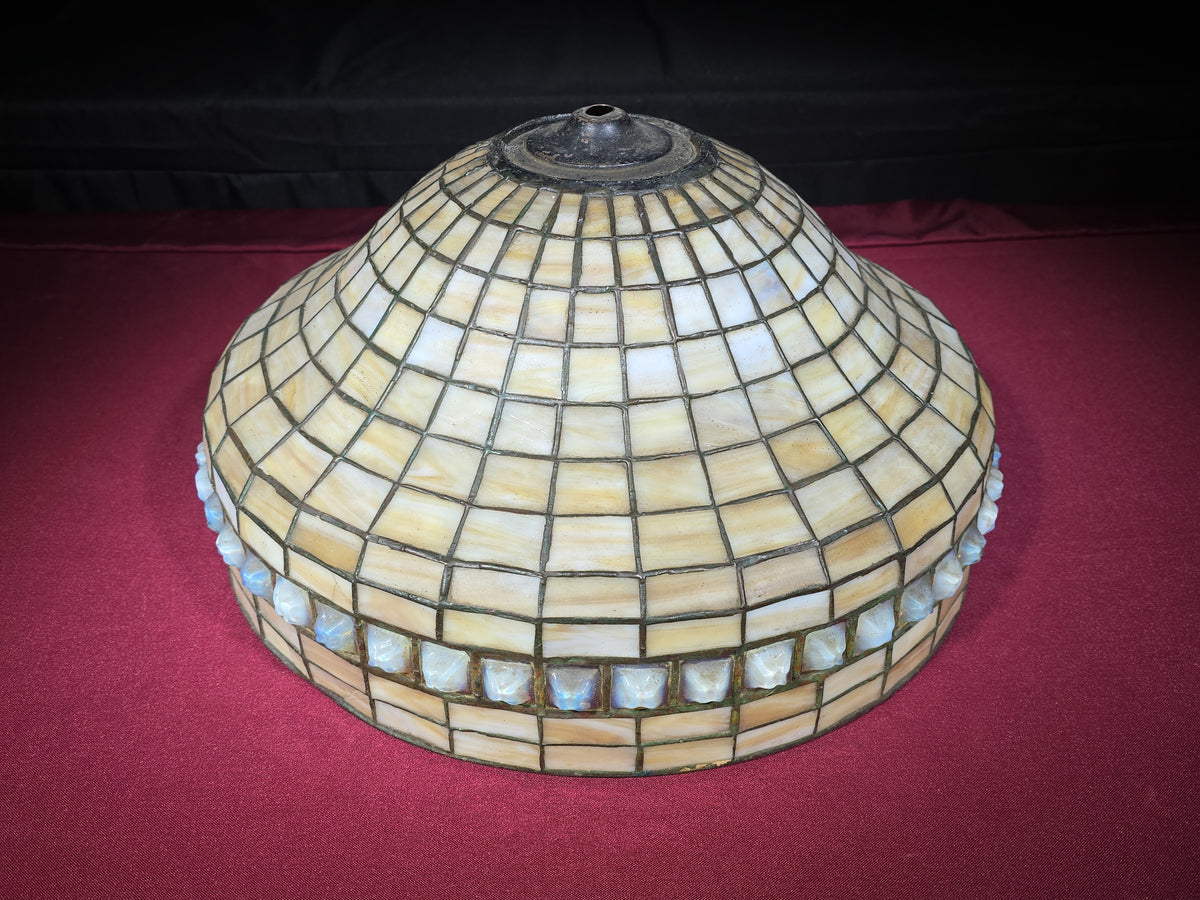 Antique Leaded Slag Glass Lamp Shade with Turtleback Glass Tile Border