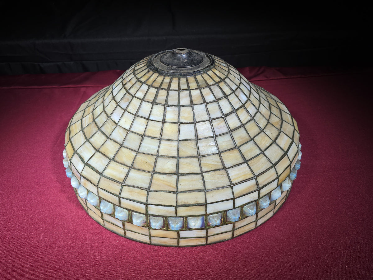 Antique Leaded Slag Glass Lamp Shade with Turtleback Glass Tile Border