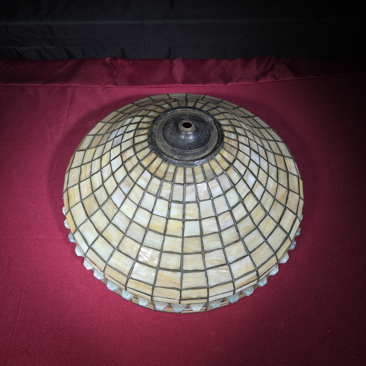 Antique Leaded Slag Glass Lamp Shade with Turtleback Glass Tile Border