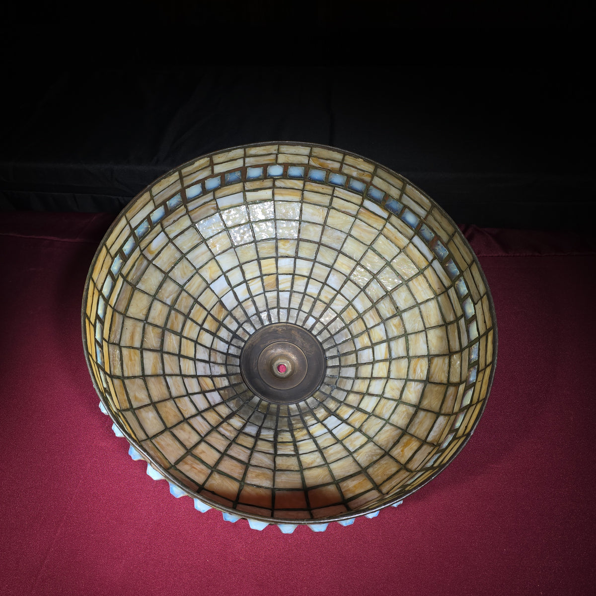 Antique Leaded Slag Glass Lamp Shade with Turtleback Glass Tile Border