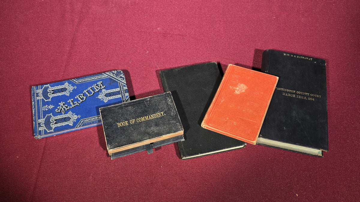 Grouping of Five Antique Books and Albums including Autograph Album, Masonic Book of Commandery, and Washington County Court Docket