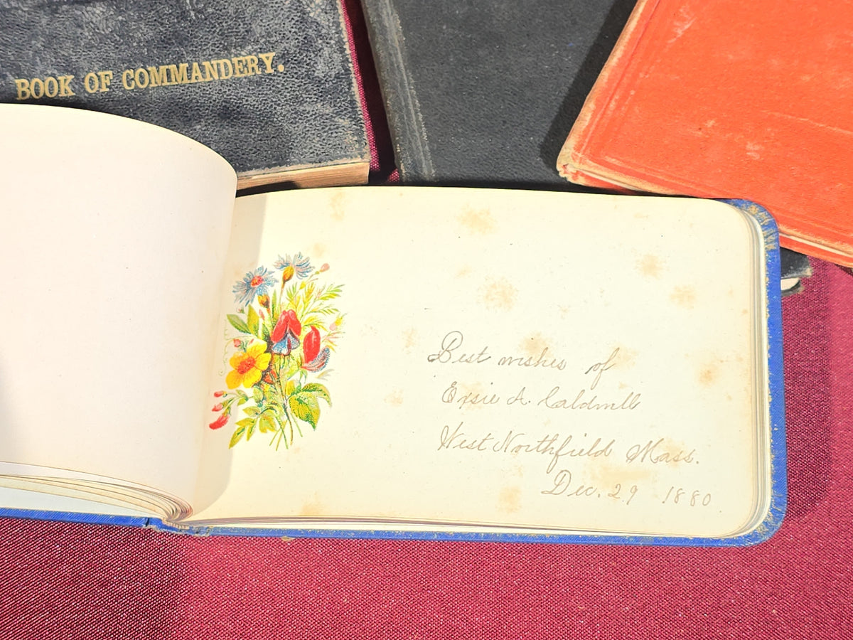 Grouping of Five Antique Books and Albums including Autograph Album, Masonic Book of Commandery, and Washington County Court Docket
