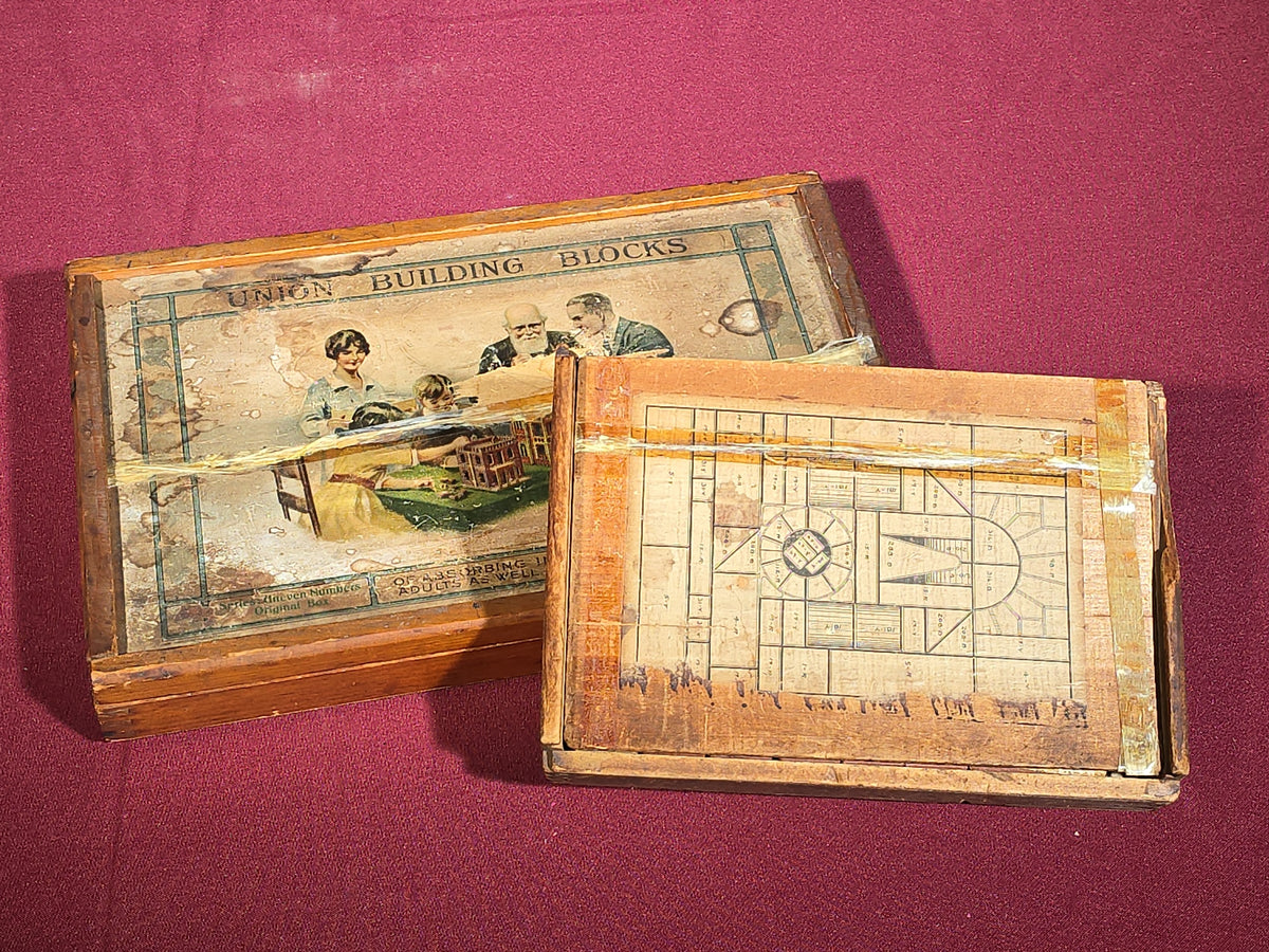 Pair of Antique Richter Union Building Blocks Stone Block Sets in Wooden Boxes, Manufactured by F. Ad. Richter & Co., Rudolstadt, Germany