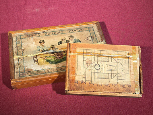 Pair of Antique Richter Union Building Blocks Stone Block Sets in Wooden Boxes, Manufactured by F. Ad. Richter & Co., Rudolstadt, Germany