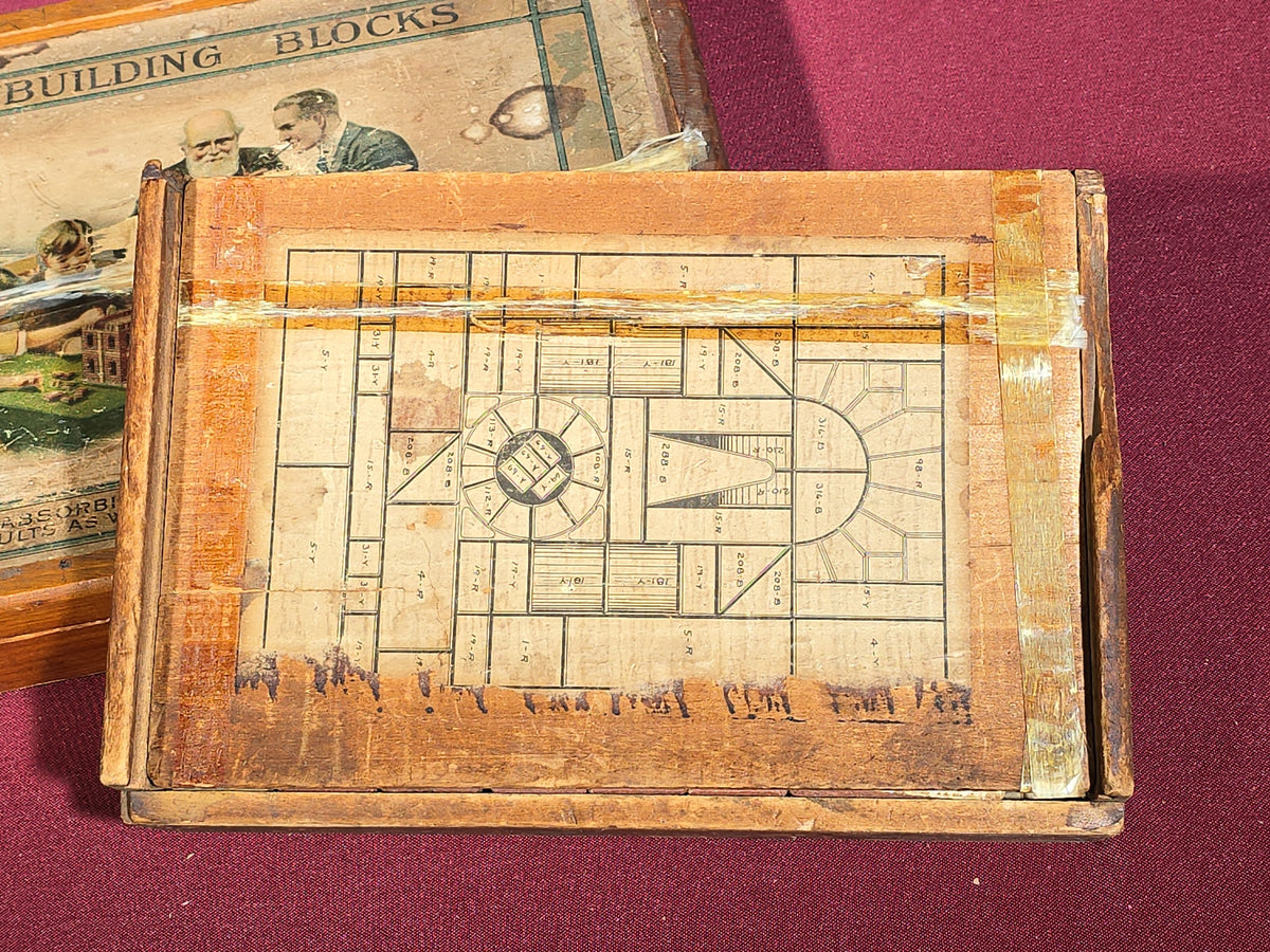 Pair of Antique Richter Union Building Blocks Stone Block Sets in Wooden Boxes, Manufactured by F. Ad. Richter & Co., Rudolstadt, Germany
