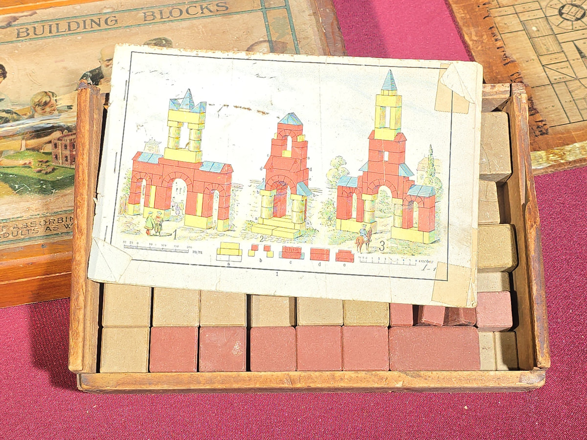 Pair of Antique Richter Union Building Blocks Stone Block Sets in Wooden Boxes, Manufactured by F. Ad. Richter & Co., Rudolstadt, Germany