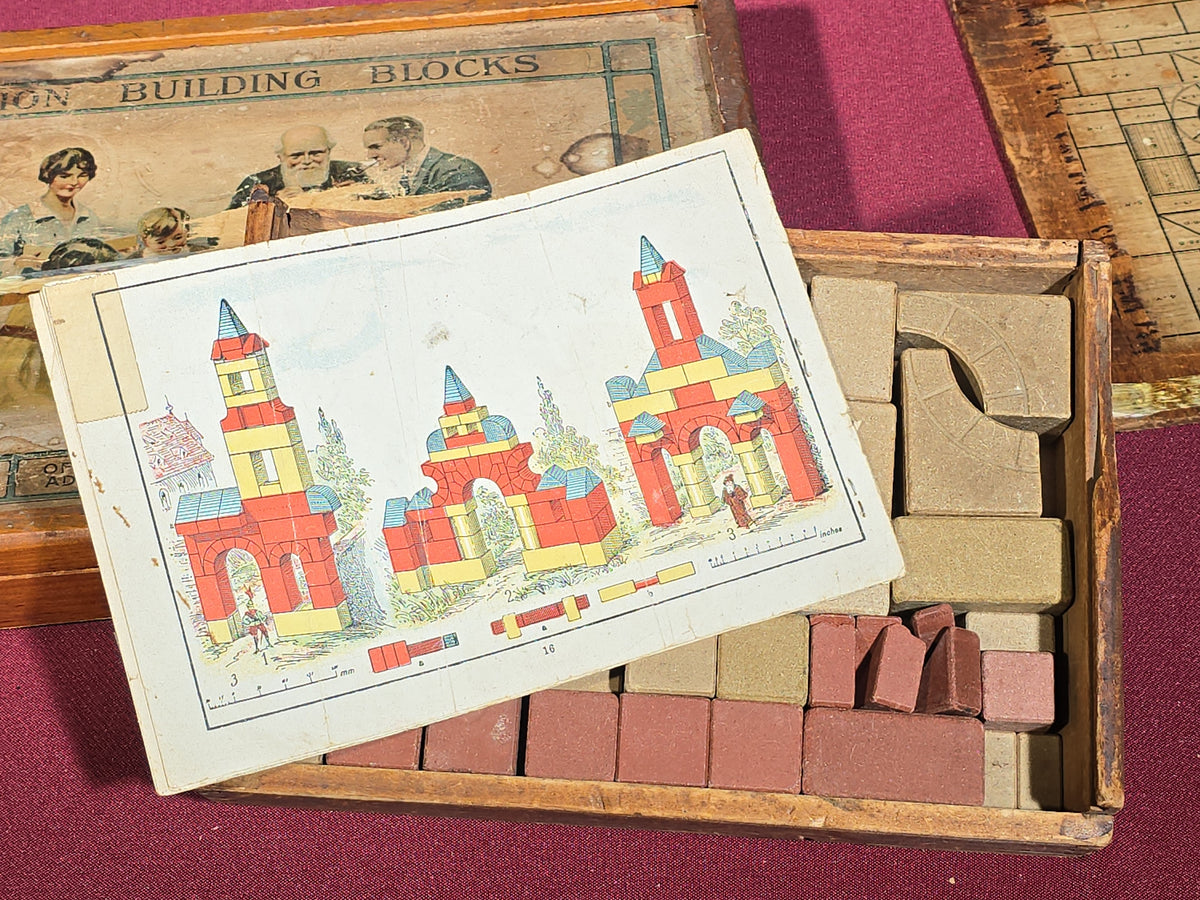 Pair of Antique Richter Union Building Blocks Stone Block Sets in Wooden Boxes, Manufactured by F. Ad. Richter & Co., Rudolstadt, Germany