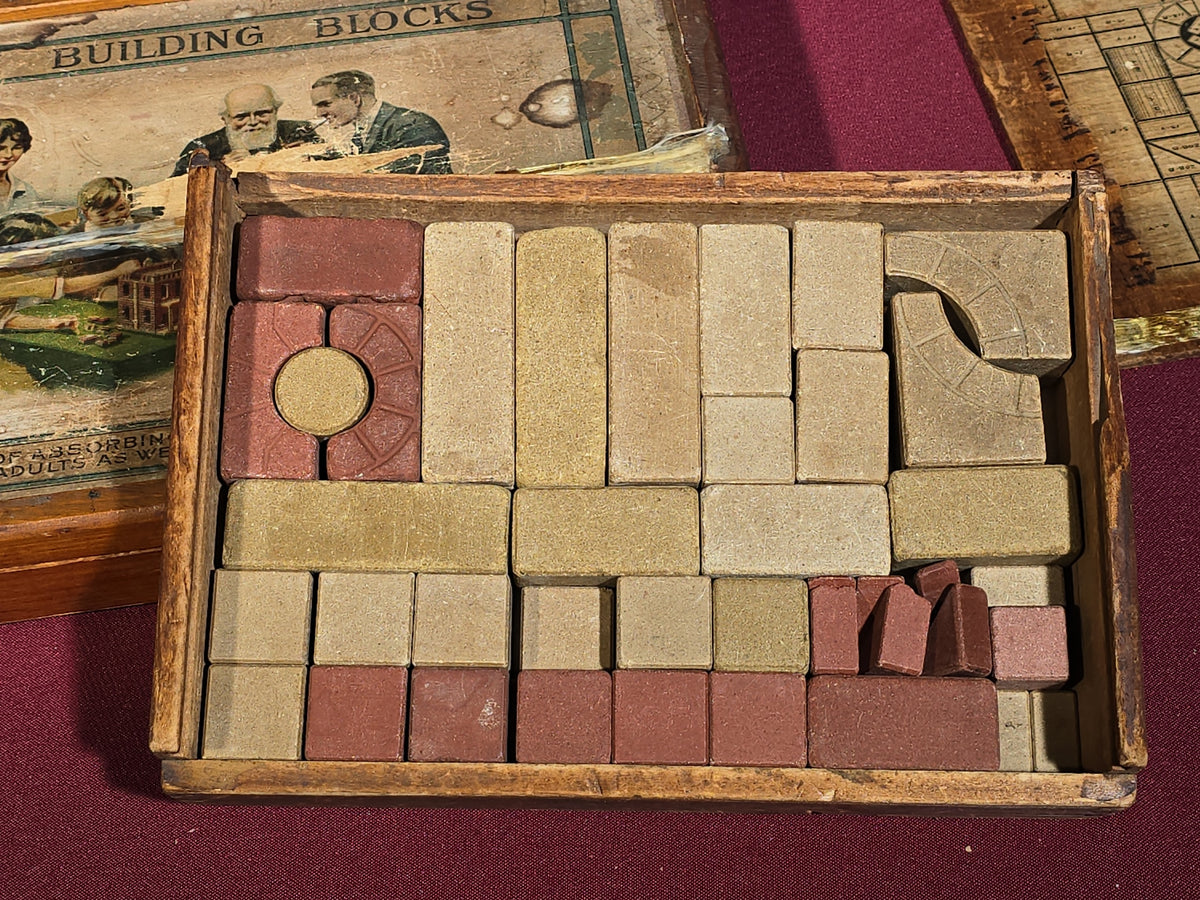 Pair of Antique Richter Union Building Blocks Stone Block Sets in Wooden Boxes, Manufactured by F. Ad. Richter & Co., Rudolstadt, Germany