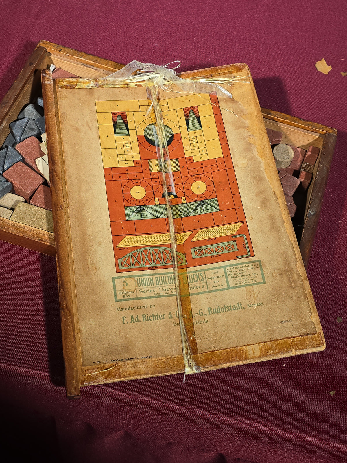 Pair of Antique Richter Union Building Blocks Stone Block Sets in Wooden Boxes, Manufactured by F. Ad. Richter & Co., Rudolstadt, Germany