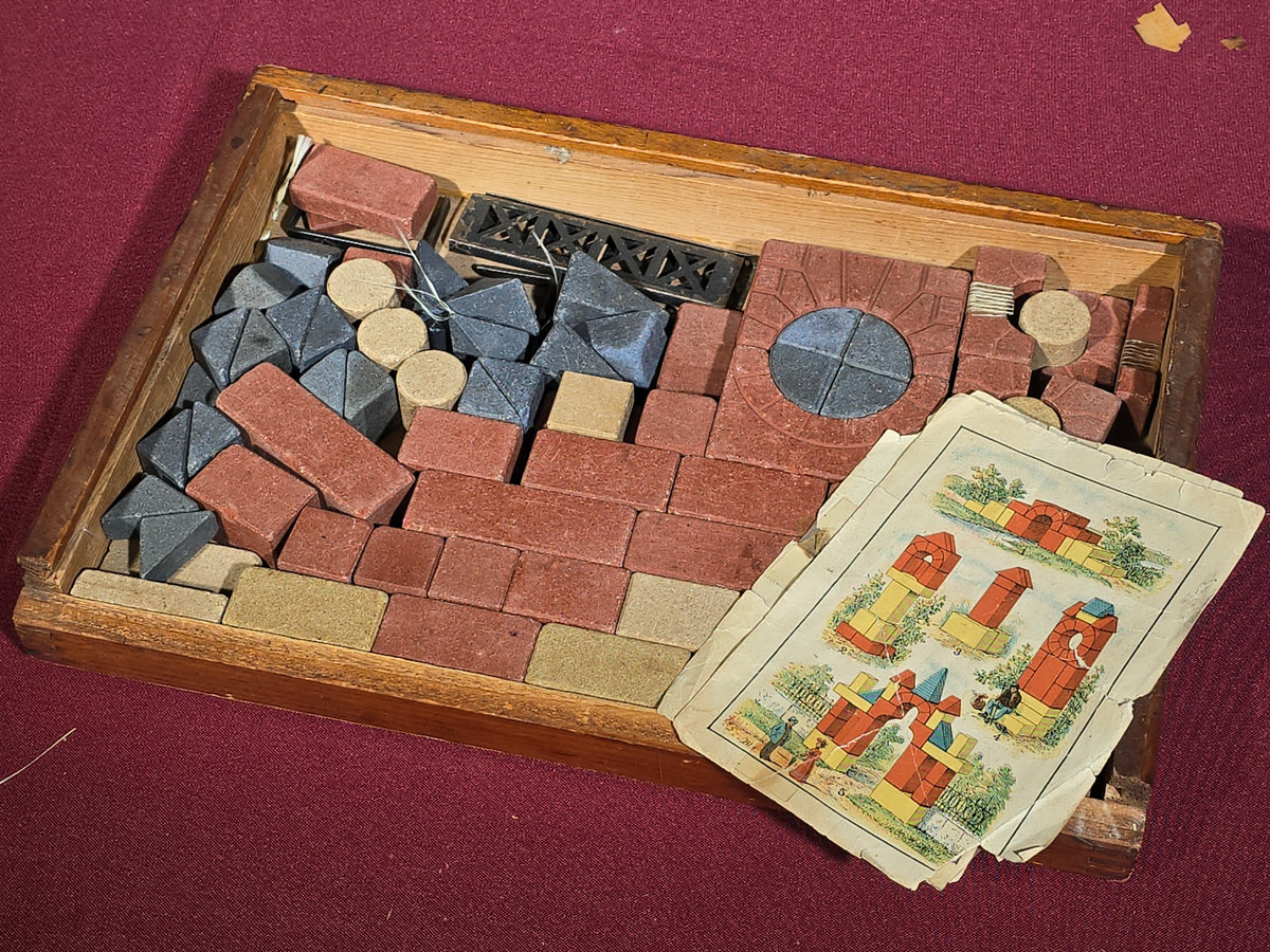 Pair of Antique Richter Union Building Blocks Stone Block Sets in Wooden Boxes, Manufactured by F. Ad. Richter & Co., Rudolstadt, Germany