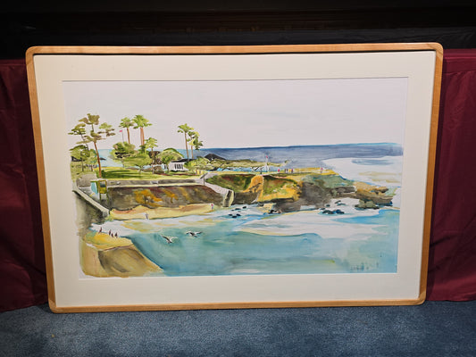 Vintage Framed Watercolor Painting on Paper, Coastal Scene, Signed L. Ireland '98