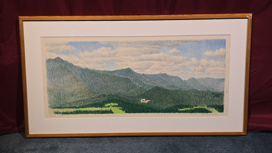 Vintage Framed Colored Pencil Drawing, "August Clouds" Mountain Landscape, Signed Laurie M. Peters, 1987