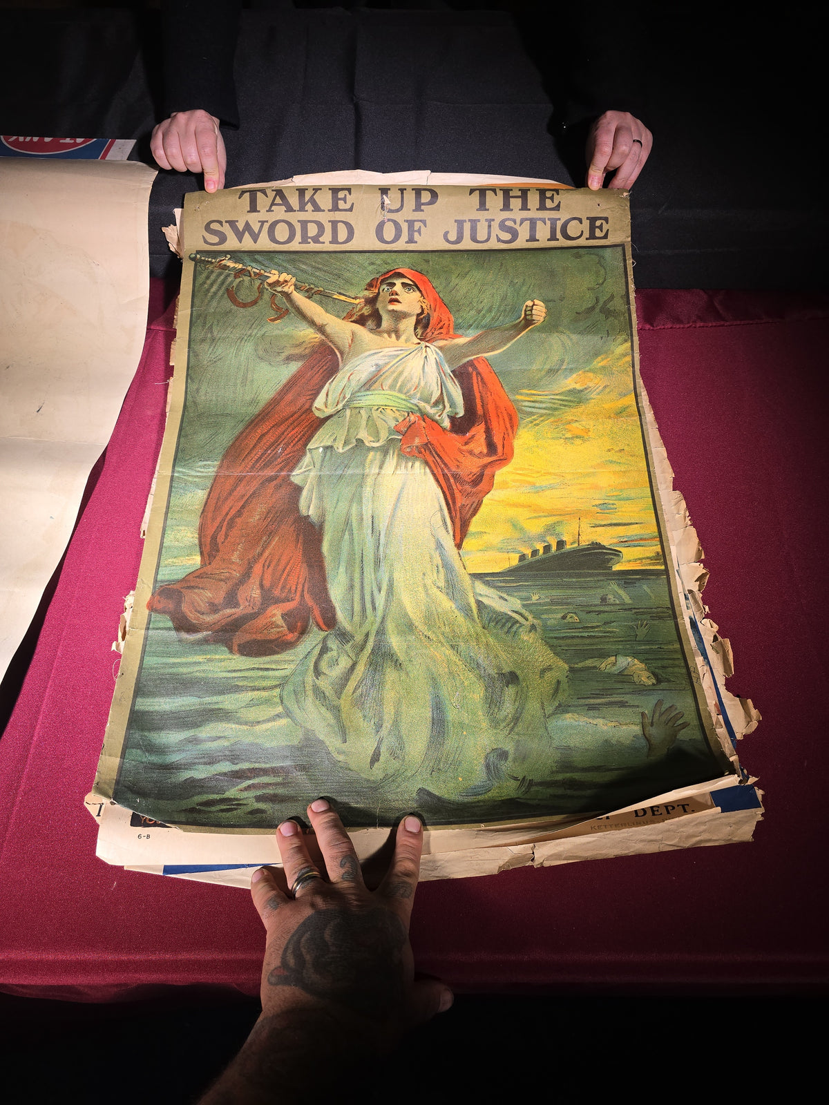 Grouping of Seven Antique WWI Propaganda and Liberty Bond Posters including "Beat Back the Hun," "Clear-The-Way!!," "Keep Him Free," and "Remember Belgium"
