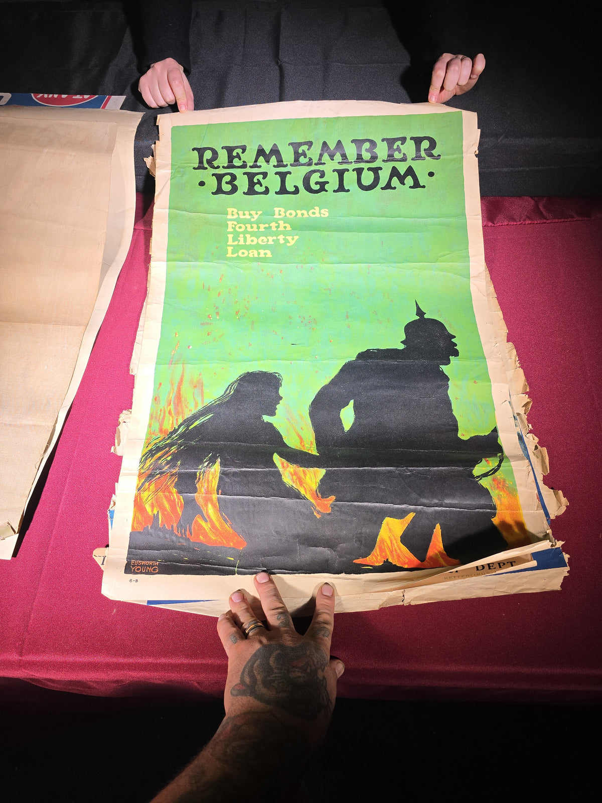 Grouping of Seven Antique WWI Propaganda and Liberty Bond Posters including "Beat Back the Hun," "Clear-The-Way!!," "Keep Him Free," and "Remember Belgium"
