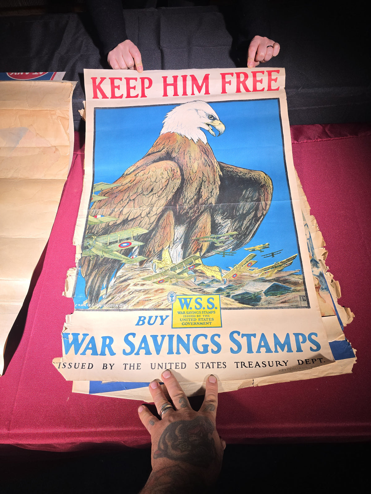 Grouping of Seven Antique WWI Propaganda and Liberty Bond Posters including "Beat Back the Hun," "Clear-The-Way!!," "Keep Him Free," and "Remember Belgium"